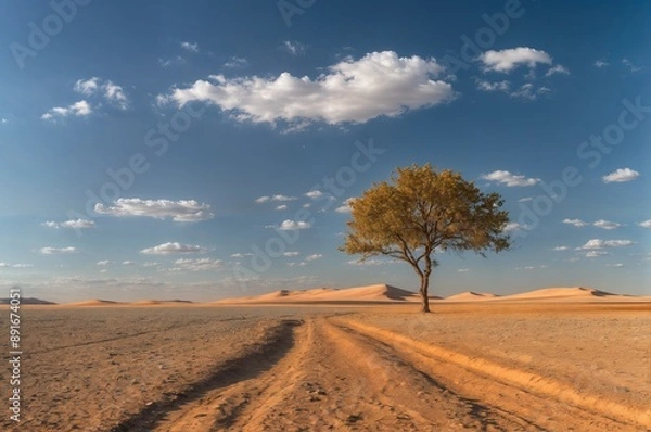 Obraz Lonely tree with yellow leaves among sandy landscape of dried desert land. White clouds float across blue sky. Concept of landscape change, soil erosion, desertification, loss of natural areas