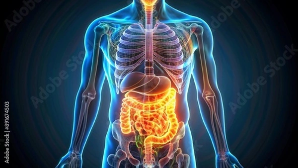 Fototapeta A holographic image of the human digestive system, with each organ color-coded and glowing softly, set against a dark background, showing the complexity of the digestive tract.