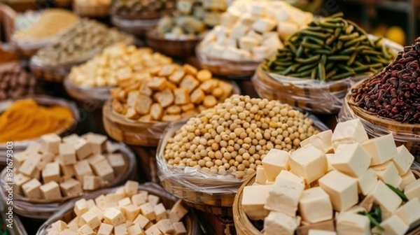 Fototapeta Abundance of Vegan Protein Sources Displayed in a Colorful Market Stall with Tofu, Tempeh, and Legumes