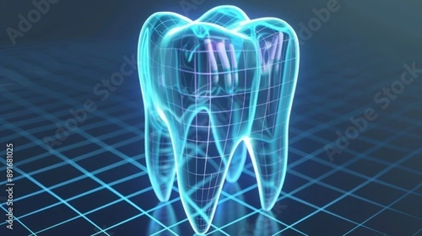 Fototapeta Interactive grid overlay on realistic tooth image for oral health concept illustration