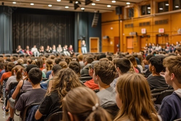 Fototapeta A school assembly with students sitting in rows, listening attentively to a guest speaker on stage.