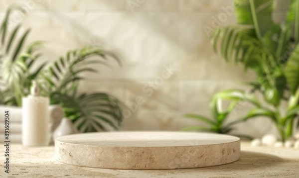Obraz Sustainable Bathroom Scene with Blurred Interior on Travertine Circular Podium. Spa and Beauty Product Display Stage for Cosmetics Promotion. Eco-friendly 4K Wallpaper with Plants and Towels. AI-Gener