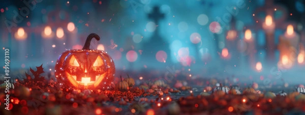 Fototapeta horizontal image, front view Halloween jack o lantern in the garden. Graveyard background, copy space. For banner, design, presentation, celebration, social media, youtube, cover, thumbnail