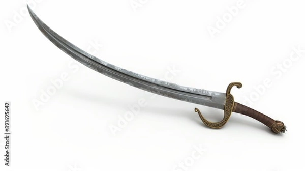 Fototapeta Highquality photo of a pirates curved cutlass sword on a white background. Historical events isolated on white. Photo realistic photo.