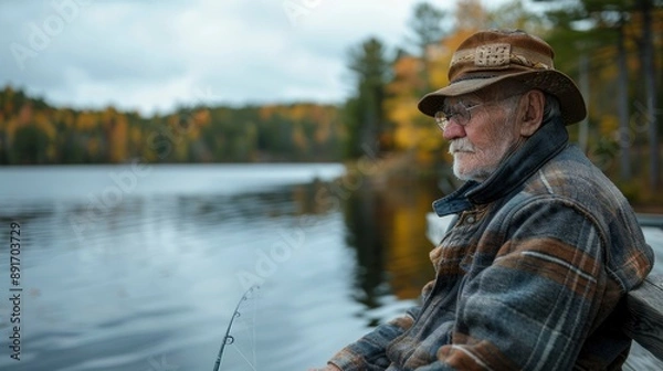 Fototapeta A senior man fishing off a wooden pier, his fishing rod poised and his eyes focused on the water. The calm lake setting and his patient demeanor illustrate the peaceful and reflective nature of this