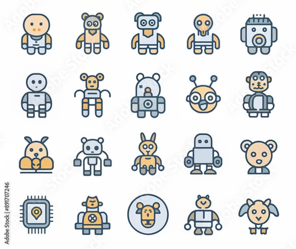 Fototapeta Cute robot cartoon icon character, line stoke isolated, graphic design sign