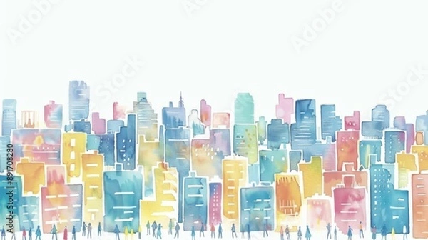 Fototapeta Watercolor cityscape illustration with people. A colorful watercolor painting of a city skyline, featuring tall buildings and a group of people in the foreground.