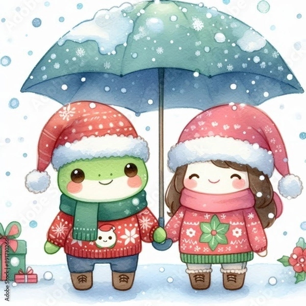 Fototapeta A frog and a girl in matching Christmas sweaters share an umbrella in the snow.