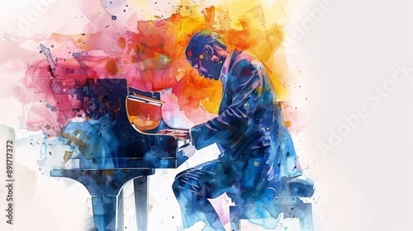 Fototapeta Watercolor painting of a jazz pianist with elegant lines and harmonious colors, isolated on a white background