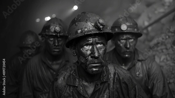 Fototapeta Coal miners covered in soot emerge from a mine shaft, their faces illuminated by the dim light of headlamps