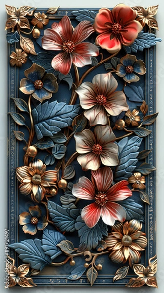 Fototapeta Detailed floral wall art featuring red and white flowers with metallic accents, set against a blue background for a luxurious effect