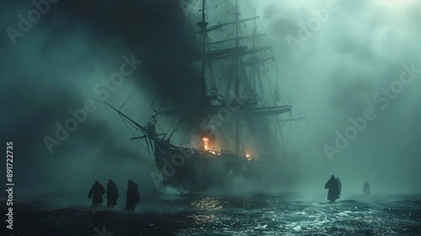 Fototapeta Spooky haunted ship with ghostly figures