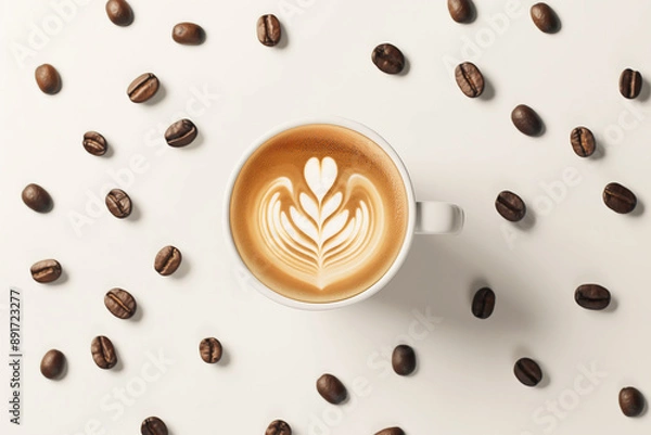 Fototapeta Coffee cup with latte art surrounded by coffee beans.