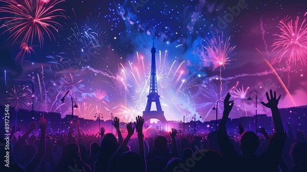 Fototapeta A crowd of people cheering with fireworks in the background, a silhouette illustration of the Eiffel Tower and the Seine River in Paris in the style of vector style, colorful, vibrant, olympics,