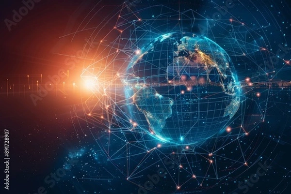 Fototapeta Earth with global network connections, representing connectivity and worldwide internet concept on a dark blue background