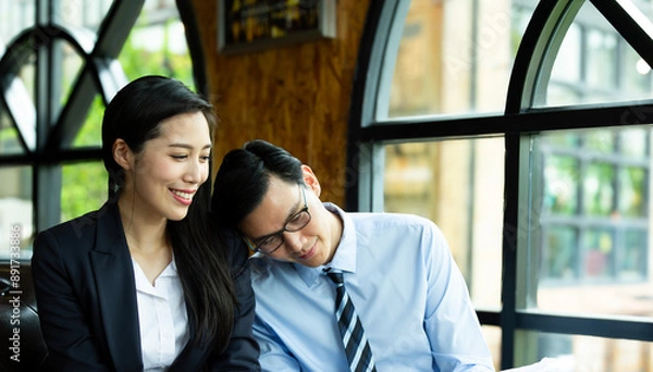 Fototapeta Chasing after success with the best connection. Shot of two business people Success Business couple in love enjoying and relaxing at home office in a relaxed atmosphere after successful online working