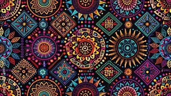 Fototapeta Colorful ethnic handmade ornament on black background, seamless pattern,generative ai 