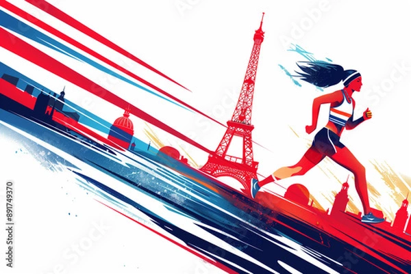 Fototapeta Vibrant vector illustration of French athletic woman running in Paris, Eiffel Tower background with red and blue stripes, white background, no text or symbols