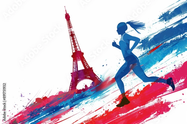 Fototapeta Vibrant vector illustration of French athletic woman running in Paris, Eiffel Tower background with red and blue stripes, white background, no text or symbols