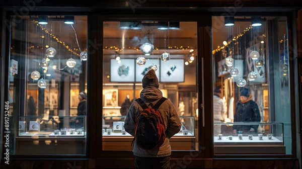 Fototapeta Person in winter jacket and backpack looks into brightly lit store window at night, admiring watches and jewelry on display. Store's festive decorations add warm glow.