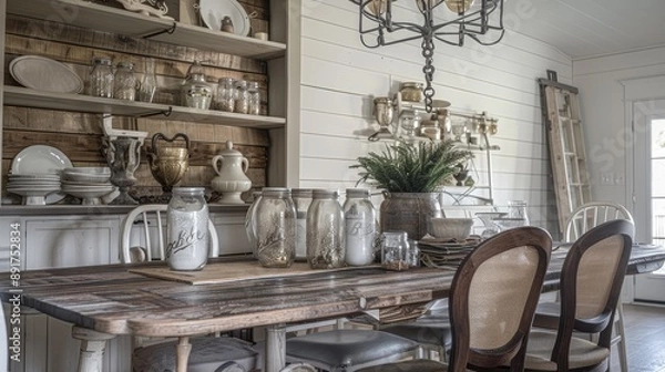 Obraz A dining room with a rustic farmhouse table