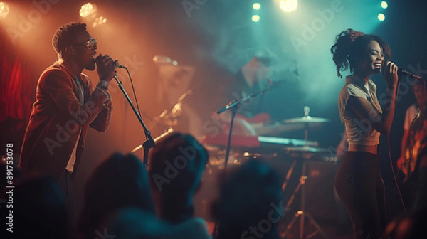Obraz A musician and a singer + perform passionately + on a small stage, as the audience + sways to the rhythm.