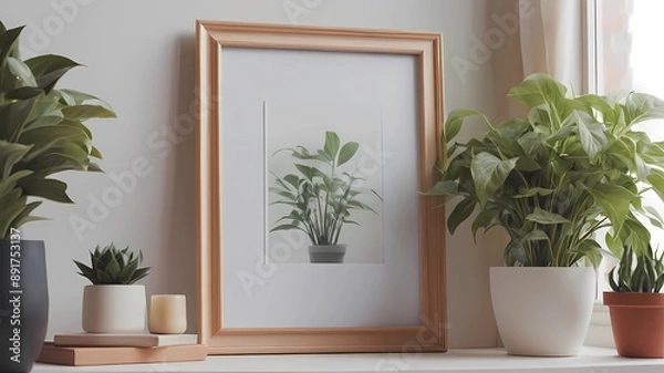 Fototapeta cozy room, close-up of picture frame mockup, plants, window, vase