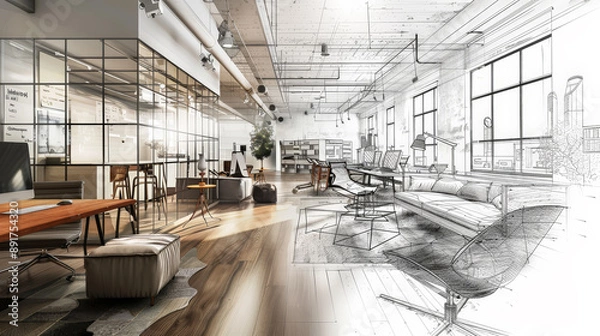 Fototapeta The photograph transitions seamlessly from a vibrant color photo to a detailed pencil drawing, illustrating the evolution from design concept to finished space. Generative AI