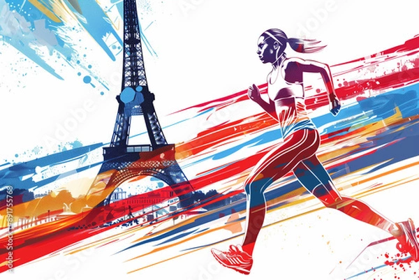 Fototapeta Vibrant vector illustration of French athletic woman running in Paris, Eiffel Tower background with red and blue stripes, white background, no text or symbols