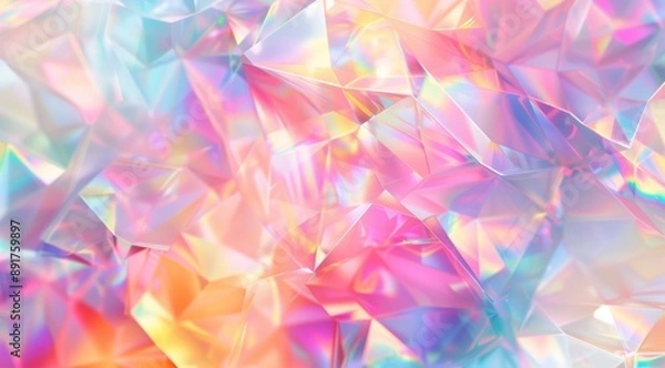 Fototapeta Iridescent background with glass crystal and color diamond texture, pattern, perfect for digital drawing overlays. Pastel colors, shiny and glossy holographic style with transparent effects