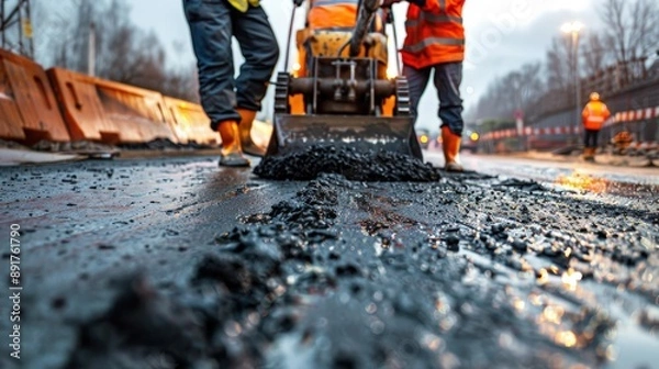 Obraz Construction workers lay fresh asphalt on a highway, using a small paver to spread the hot material