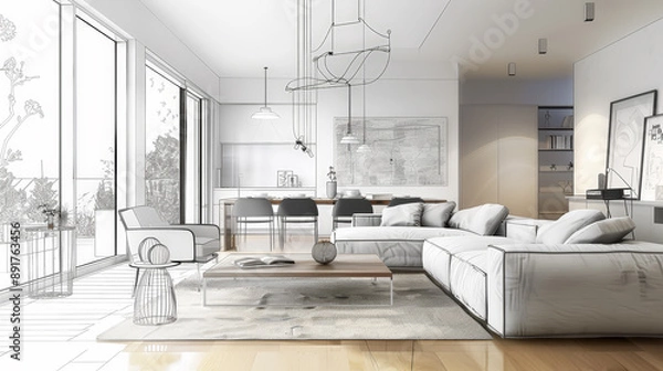 Fototapeta This captivating image showcases a stylish living room interior adorned with modern furniture. Generative AI