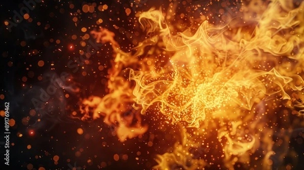 Obraz A fiery explosion of orange and yellow flames with a haze of smoke and sparks against a black background