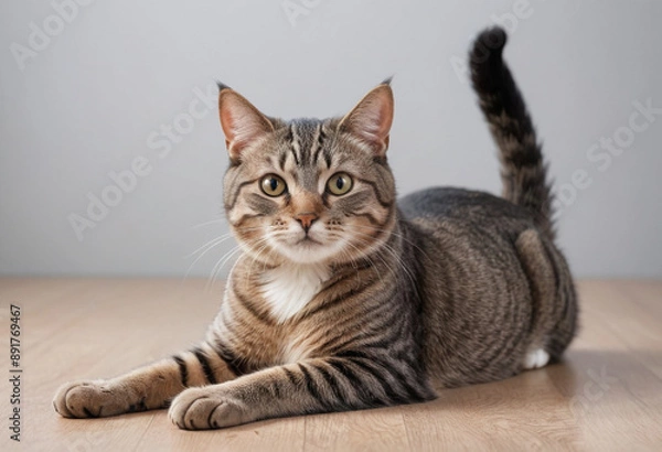 Obraz  A cat stretching its back after a good grooming session. 