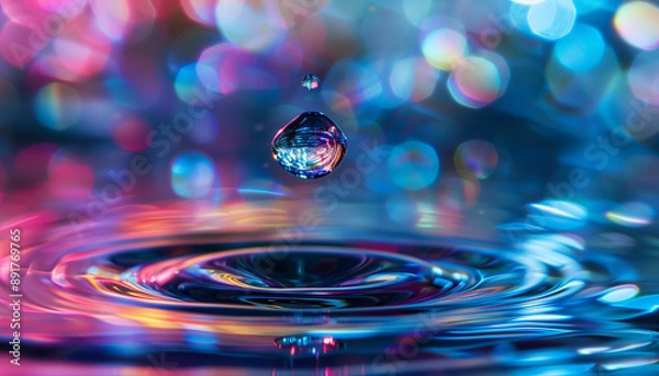 Fototapeta Falling water drop close-up, blurred colorful background.