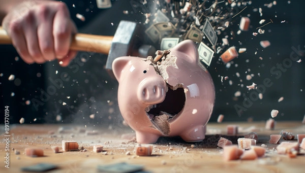Fototapeta A person smashing piggy bank with hammer, money coming out of it on office table, stock photo style, high detail, sharp focus, studio light, high resolution photography