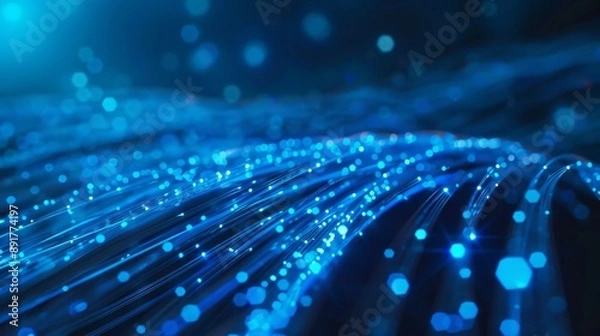 Fototapeta A mesmerizing image showcasing blue fiber optic cables representing connectivity, data transfer, internet speed, futuristic technology, and digital communication