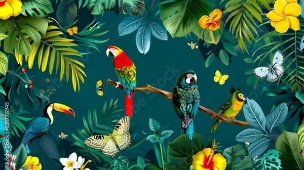 Obraz 熱帯の動物と植物を画面全体に配したイメージのデザイン