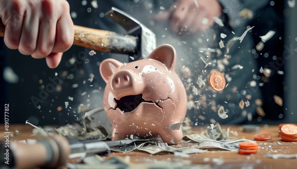 Fototapeta A person smashing piggy bank with hammer, money coming out of it on office table, stock photo style, high detail, sharp focus, studio light, high resolution photography