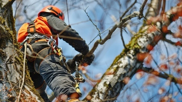 Fototapeta A tree surgeon, wearing an orange safety vest and helmet, is carefully pruning branches high up in a tree. The tree surgeon is secured to the tree with ropes and harnesses