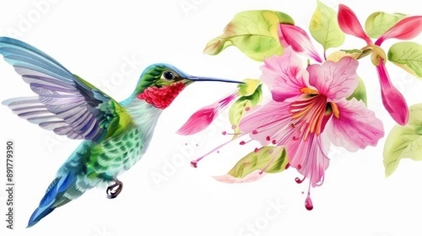 Fototapeta small bird hummingbird on a background of pink flowers and green leaves