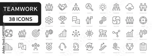 Fototapeta Teamwork line icons set. Collaboration, Teamwork, Partnership, Team, Business people, Cooperation editable stroke icons. Vector
