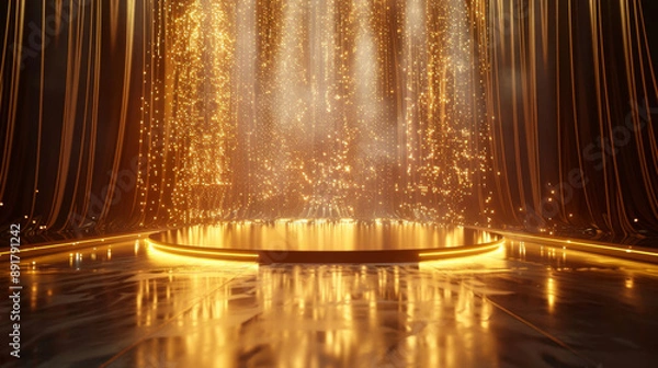 Obraz 3D rendering of a golden stage with lights and gold particles. Academy Awards