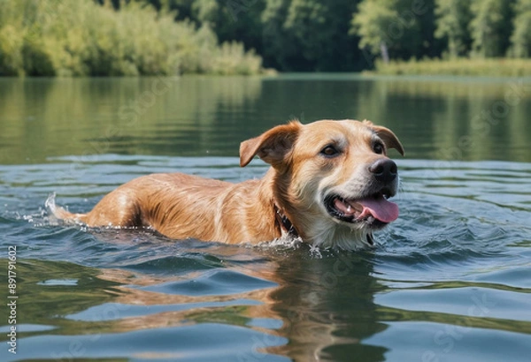 Fototapeta  A dog swimming in a refreshing lake on a hot summer day. 