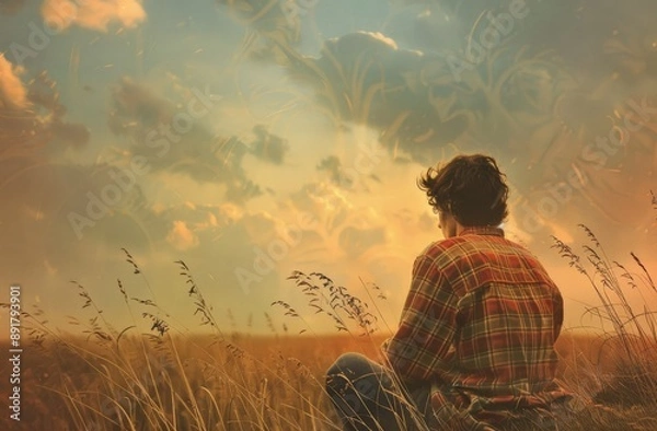 Fototapeta Contemplative Silhouette in Sunlit Field