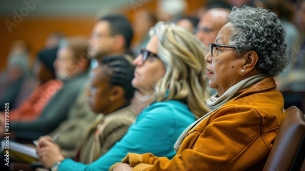 Obraz History Lecture at Community Center: Adults attending a history lecture at a community center, listening and taking notes, with ample copy space at the top for text or information