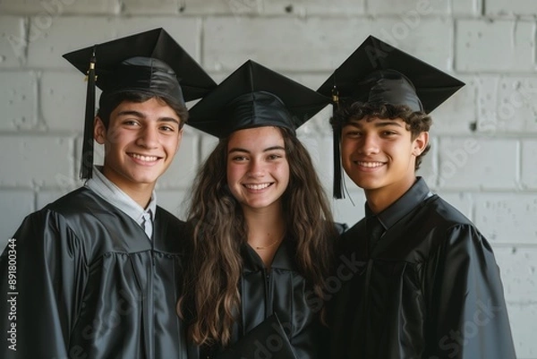 Fototapeta Simple minimal illustrate style of Graduation Photo Session: High school graduates posing for photos in their caps and gowns, proud smiles and diplomas in hand, ample copy space on a clear white