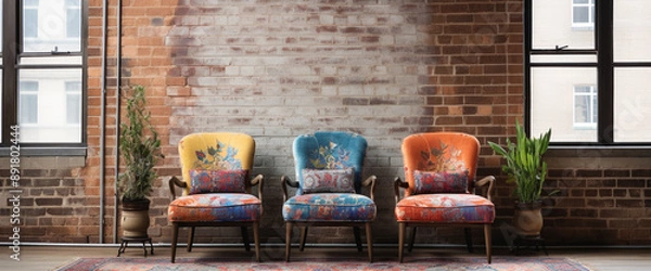 Fototapeta A boho-chic armchair paired with a vintage Persian rug, set against a backdrop of whitewashed brick walls adorned with eclectic artwork.