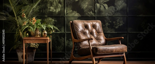 Fototapeta A chic bohemian armchair paired with a rustic wooden side table, set against a backdrop of botanical wallpaper for a nature-inspired retreat.