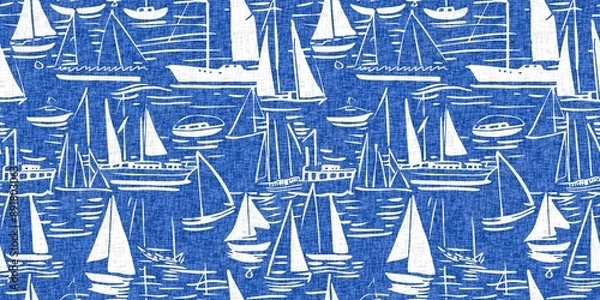 Obraz Coastal sail boat in azure ocean blue seamless border background. Modern sailing boat block print for decorative coast interior furnishing fabric for rustic linen beach cottage banner trend. 